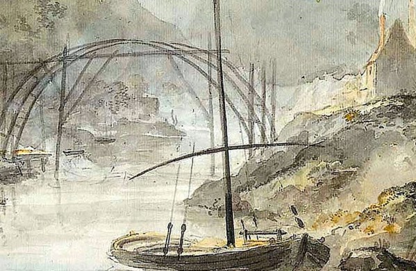Gemälde vom Bau der Brücke
