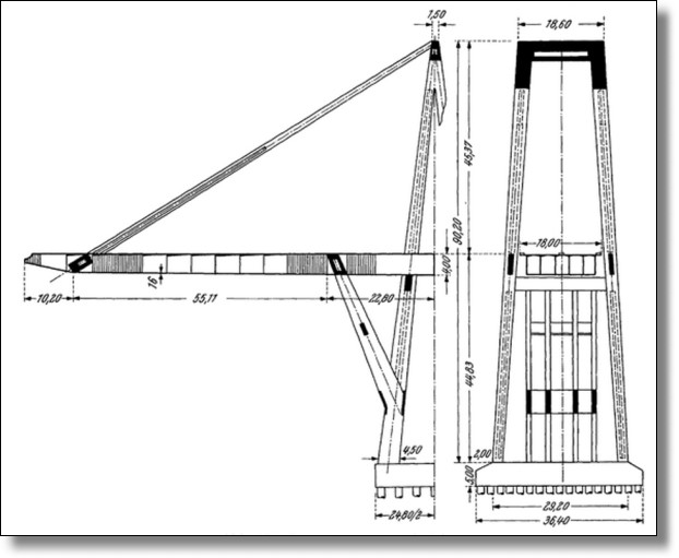 Quer- und Längsschnitt der drei Pylone des Polcevera-Viadukts
